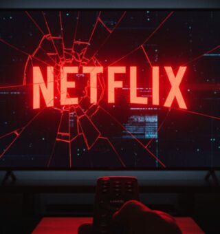 Um controle aponta para a televisão. Na tela o nome da Netflix aparece dando a impressão de quebrar a tela