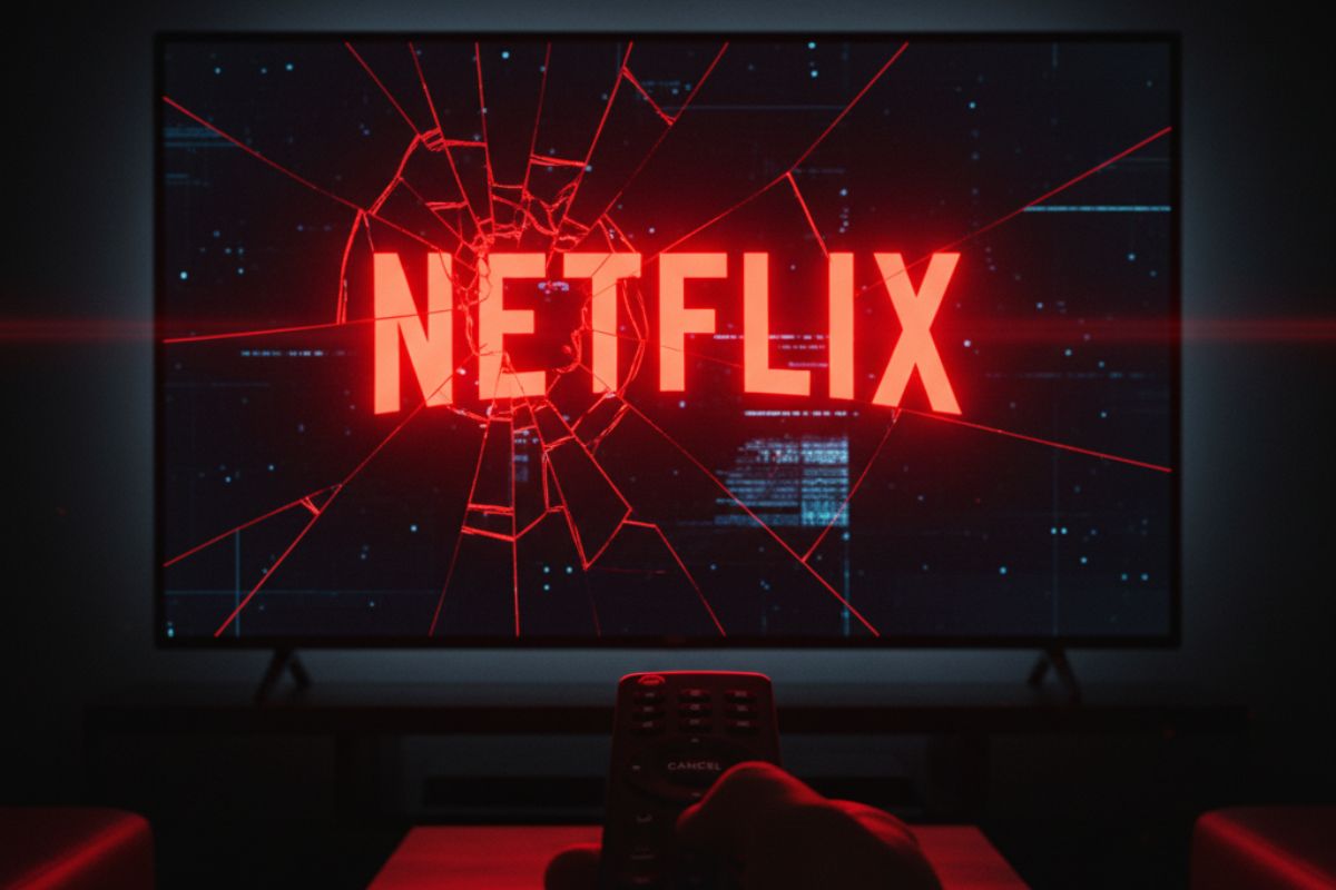 Um controle aponta para a televisão. Na tela o nome da Netflix aparece dando a impressão de quebrar a tela