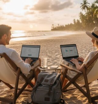 Um casal Nômade Digital trabalhando na praia