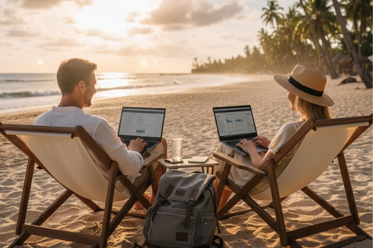 Um casal Nômade Digital trabalhando na praia