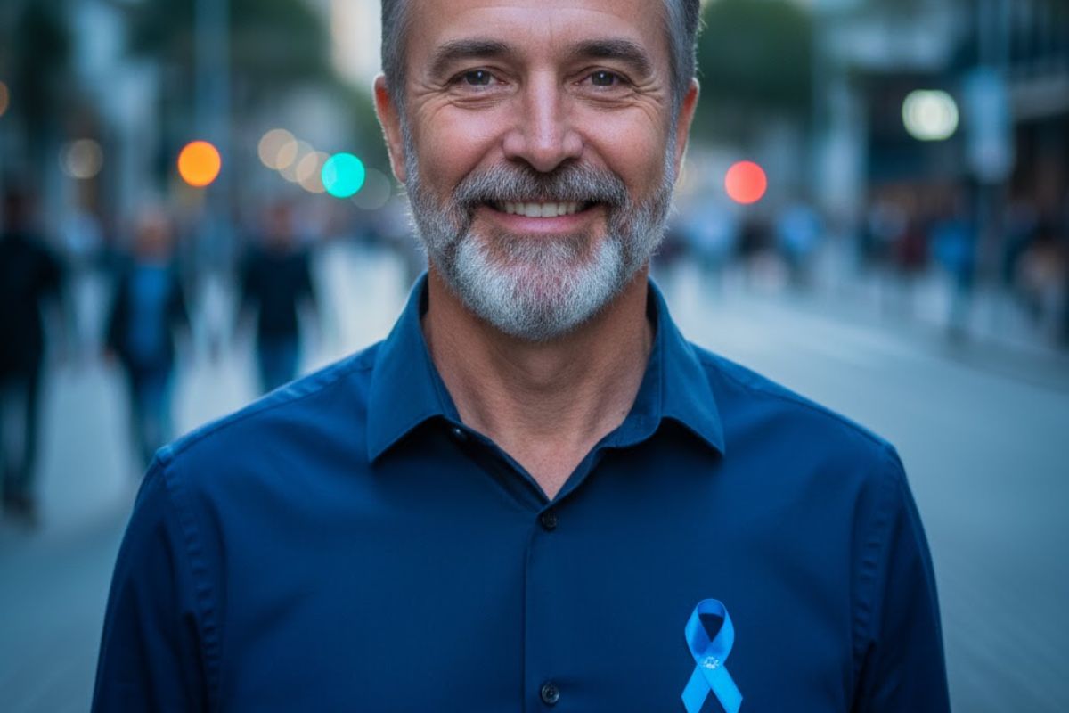 Um homem com terno e laço representando Novembro Azul