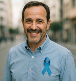 Um rapaz sorrindo com a camisa e laço do novembro azul