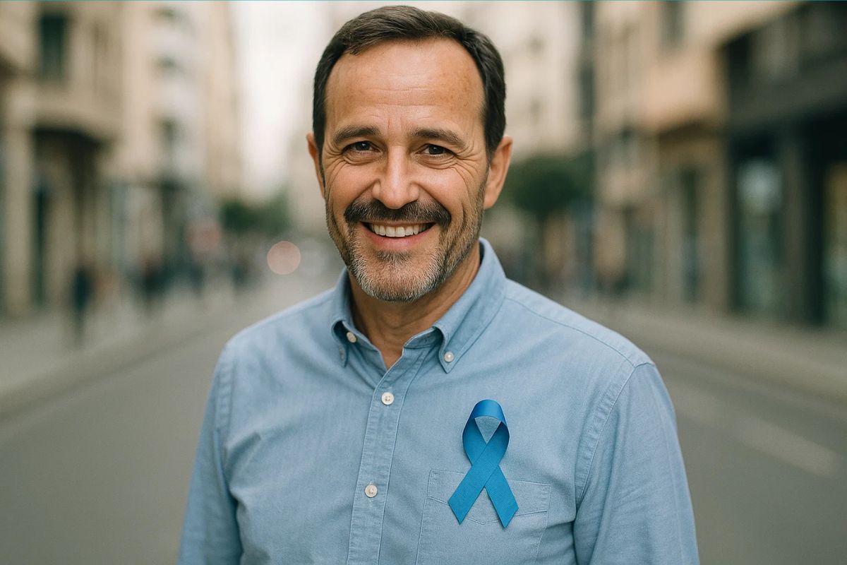 Um rapaz sorrindo com a camisa e laço do novembro azul
