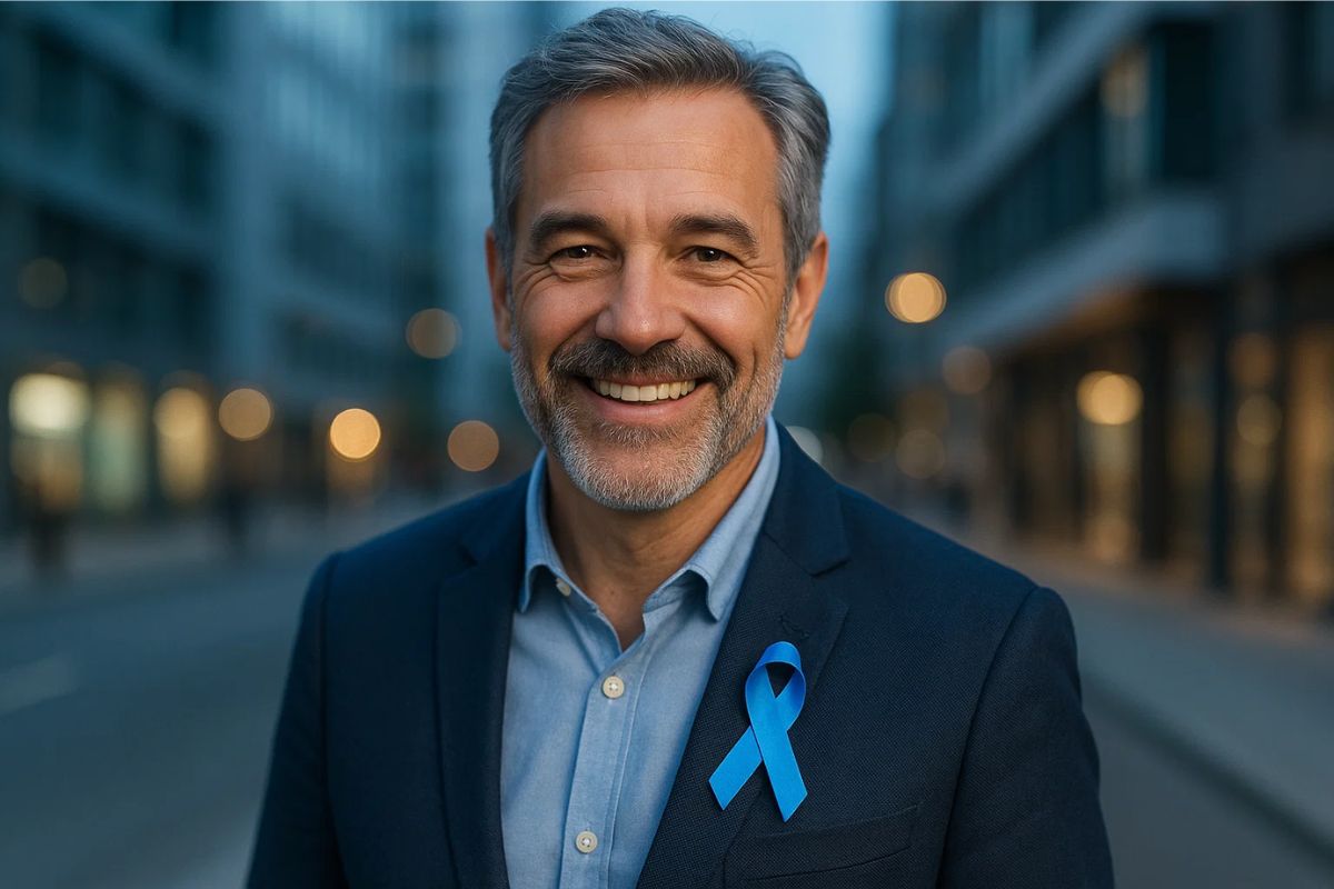 um homem com terno e laço representando Novembro Azul