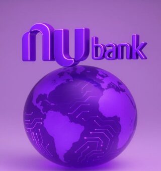 Logo do Nubank em cima do globo - tudo roxo