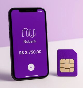 Imagem do chip Nucel ao lado do aplicativo em um celular