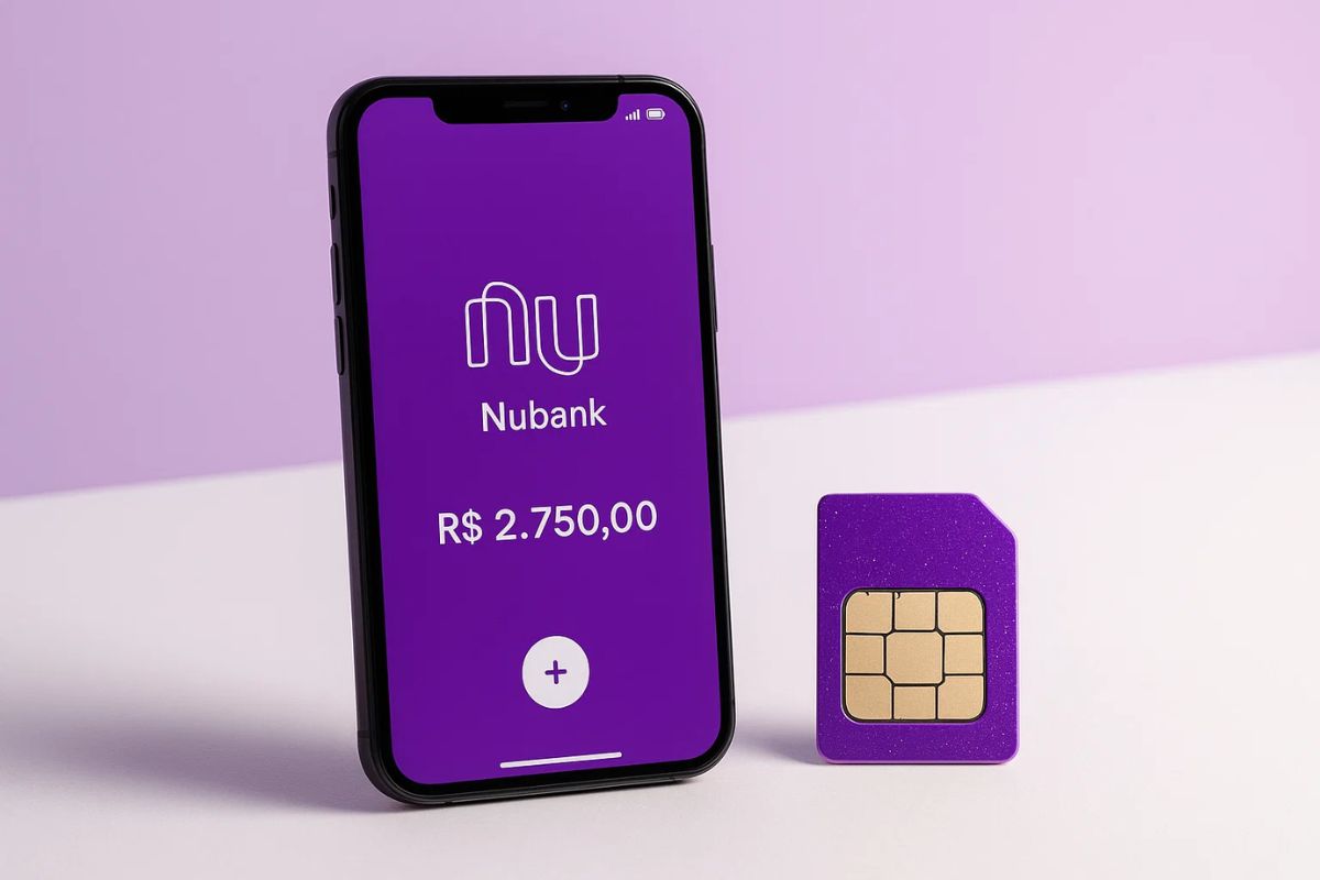 Imagem do chip Nucel ao lado do aplicativo em um celular