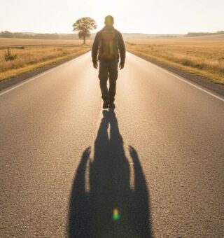 Um rapaz caminhando na estrada após viver uma metanoia