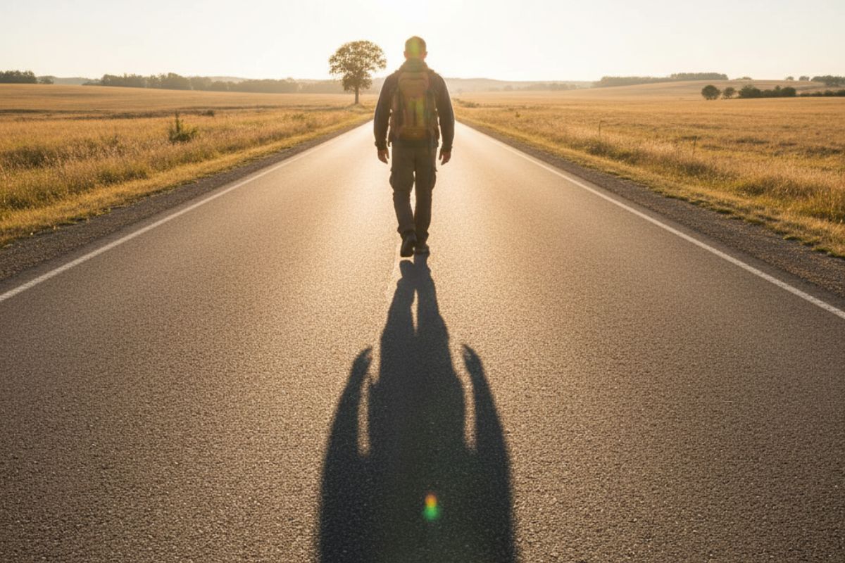 Um rapaz caminhando na estrada após viver uma metanoia