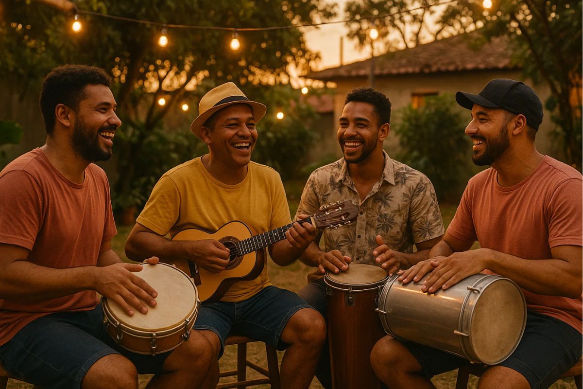 Uma roda de samba onde pessoas estão tocando pagode