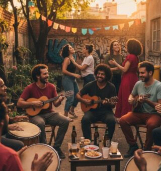 Uma roda de samba onde pessoas estão tocando pagode