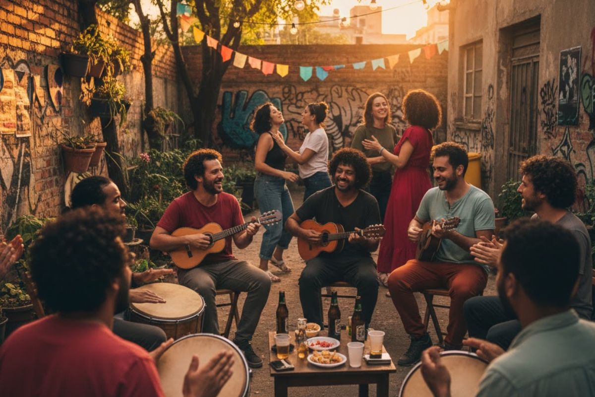 Uma roda de samba onde pessoas estão tocando pagode