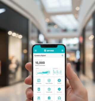 Uma pessoa com o app do Serasa aberto no celular dentro do Shopping