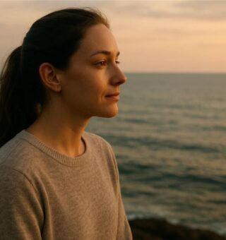 Uma mulher em frente ao mar tranquila sem Talassofobia