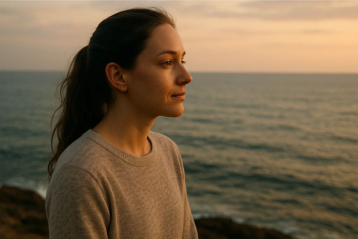 Uma mulher em frente ao mar tranquila sem Talassofobia