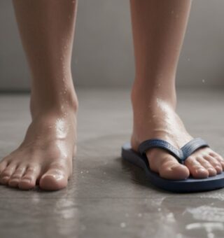 Um pé com e outro sem chinelo no banheiro na hora de tomar banho