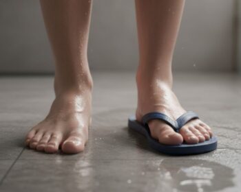 Um pé com e outro sem chinelo no banheiro na hora de tomar banho
