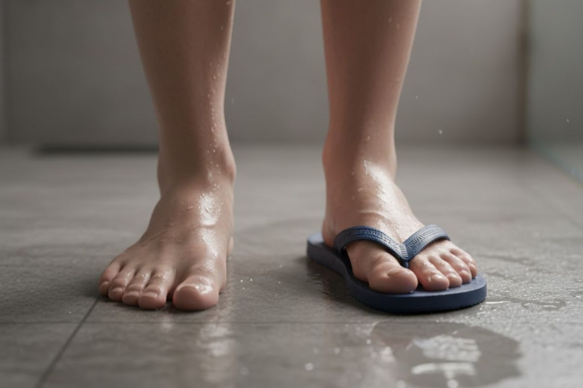 Um pé com e outro sem chinelo no banheiro na hora de tomar banho