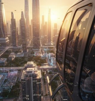 Imagem de uma viagem aérea de Uber em cima de uma cidade