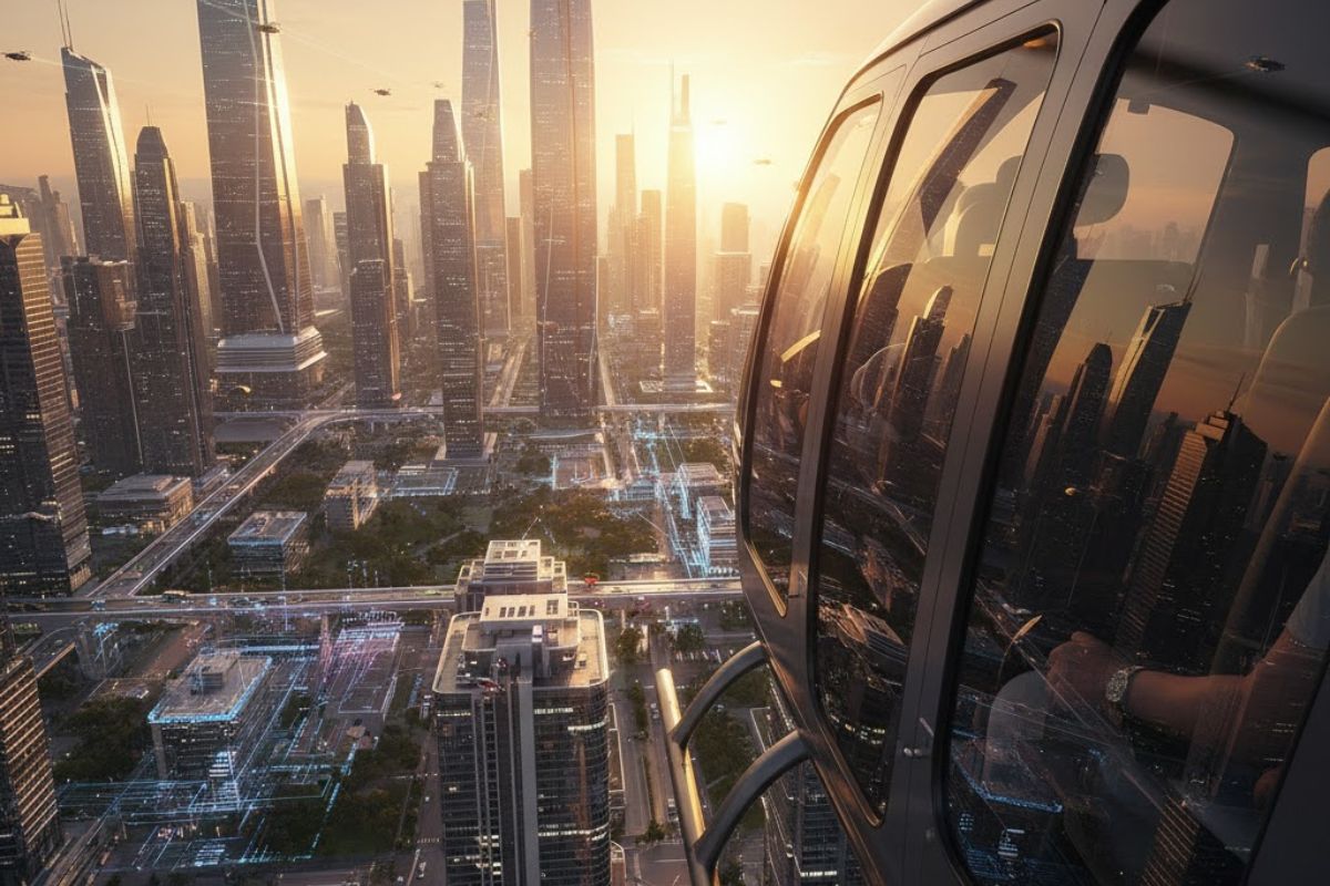 Imagem de uma viagem aérea de Uber em cima de uma cidade