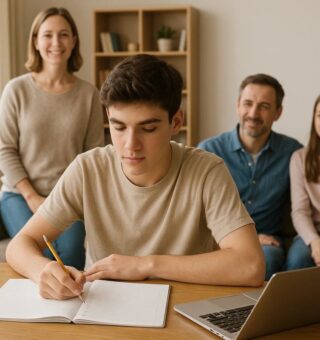 Um jovem se inscrevendo para o vestibulinho ETec e sua família está ao fundo