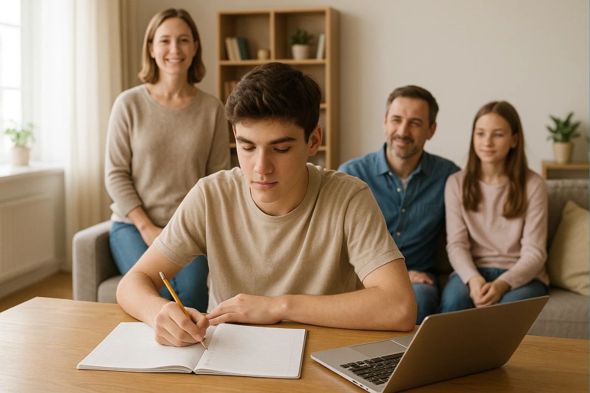 Um jovem se inscrevendo para o vestibulinho ETec e sua família está ao fundo
