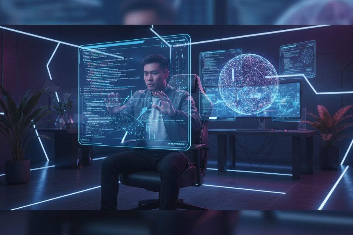 Um programador sentado no escritório fazendo Vibe coding