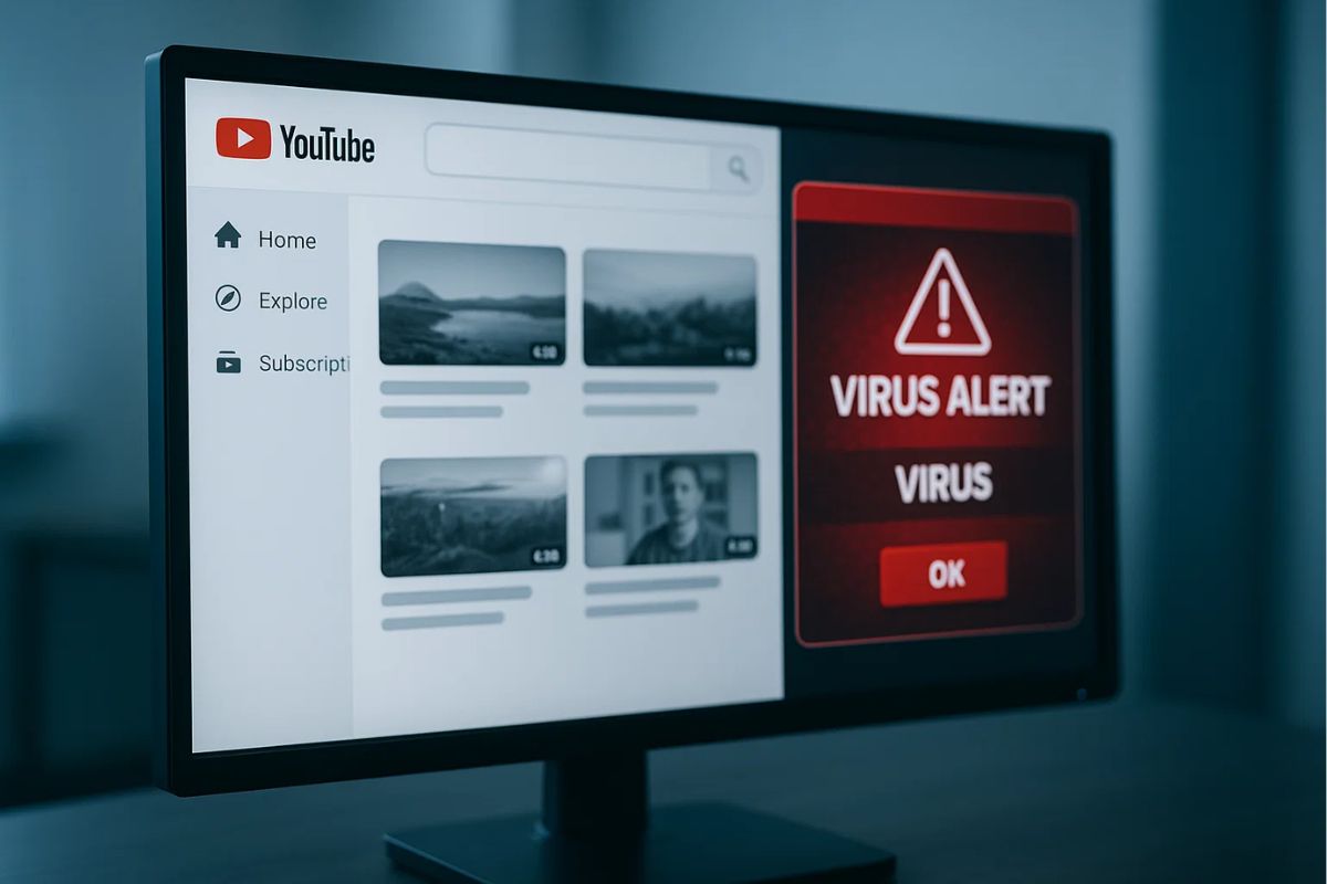 tela do YouTube com alerta de vírus