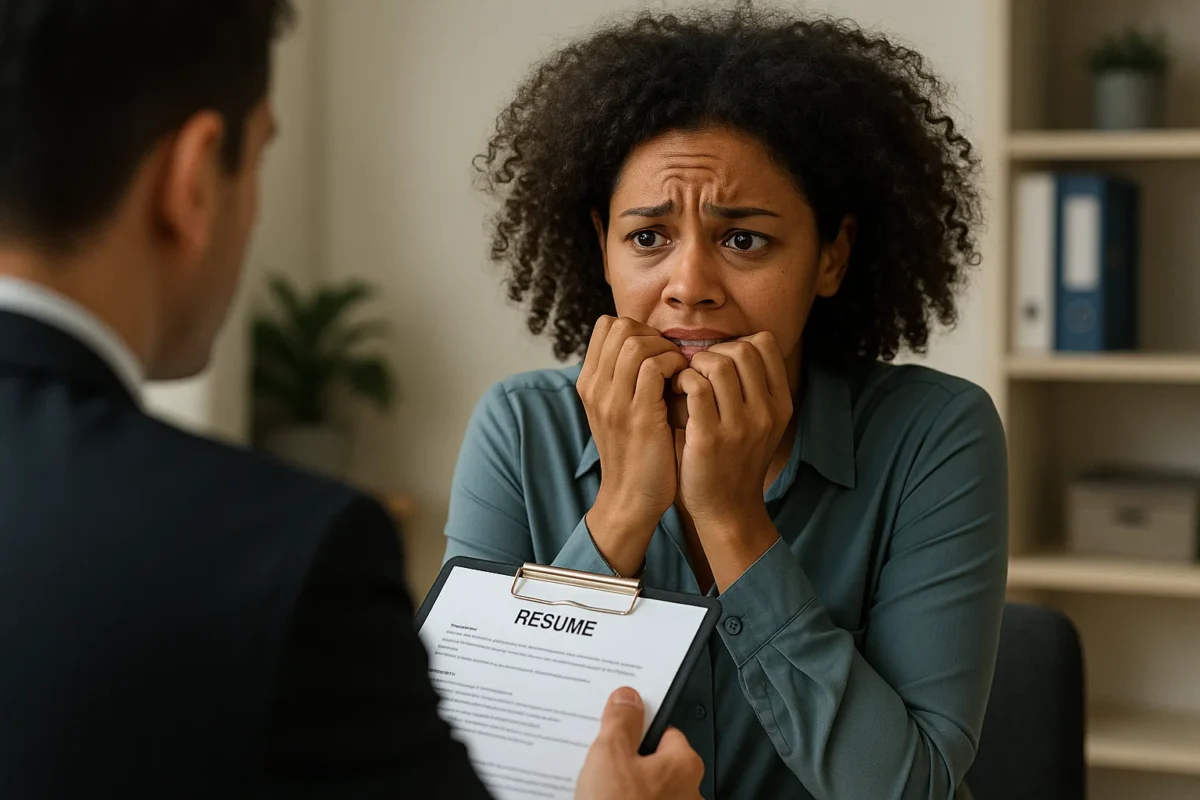 Uma mulher ansiosa roendo as unhas enquanto busca o primeiro emprego