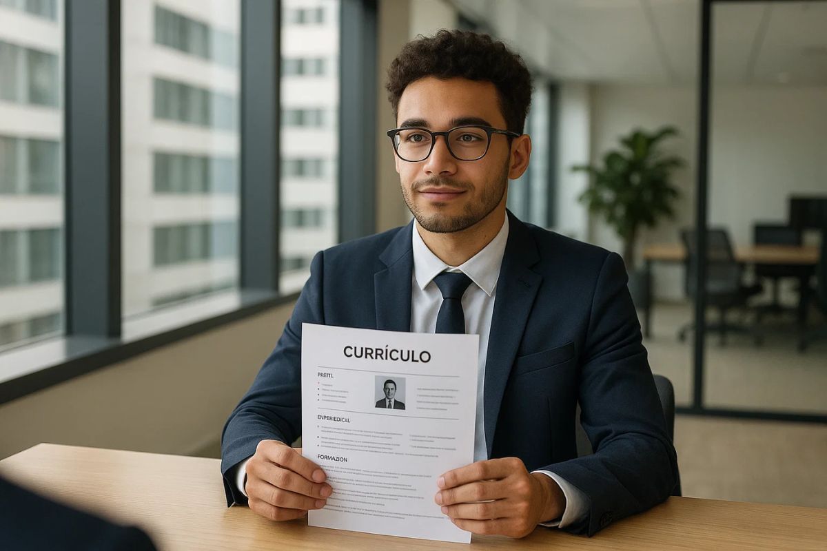 Um jovem com o currículo na mão enquanto tentar conseguir emprego em 2025