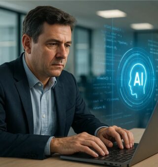 Um senhor conhecendo a Inteligência Artificial em seu notebook