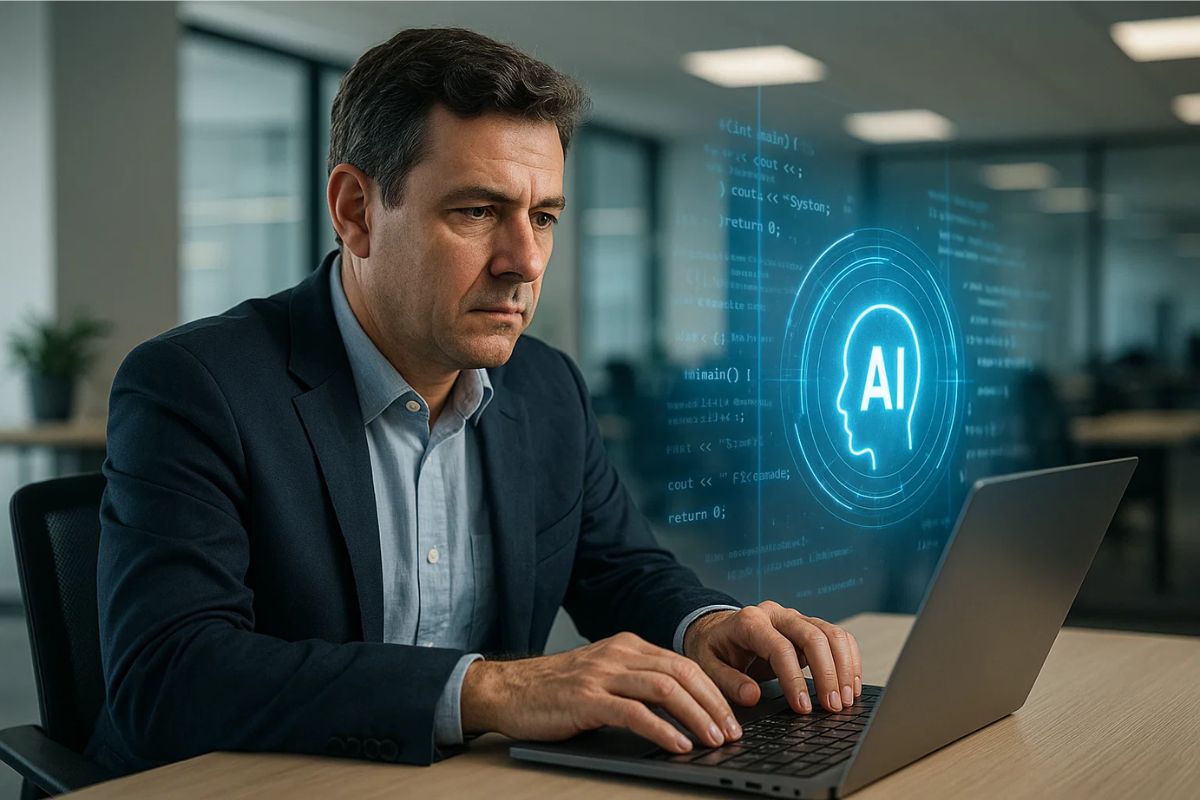 Um senhor conhecendo a Inteligência Artificial em seu notebook