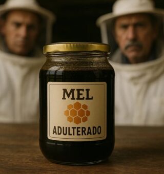 Imagem de um pote de mel com dois apicultores atrás