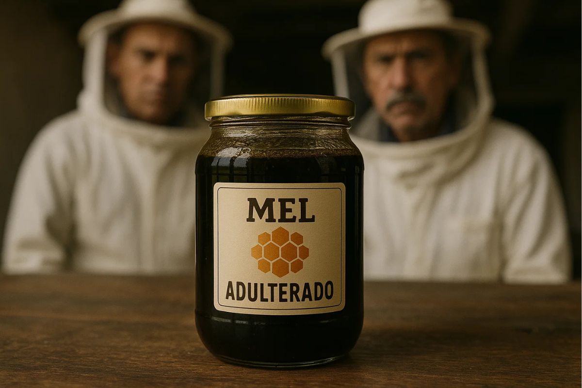 Imagem de um pote de mel com dois apicultores atrás