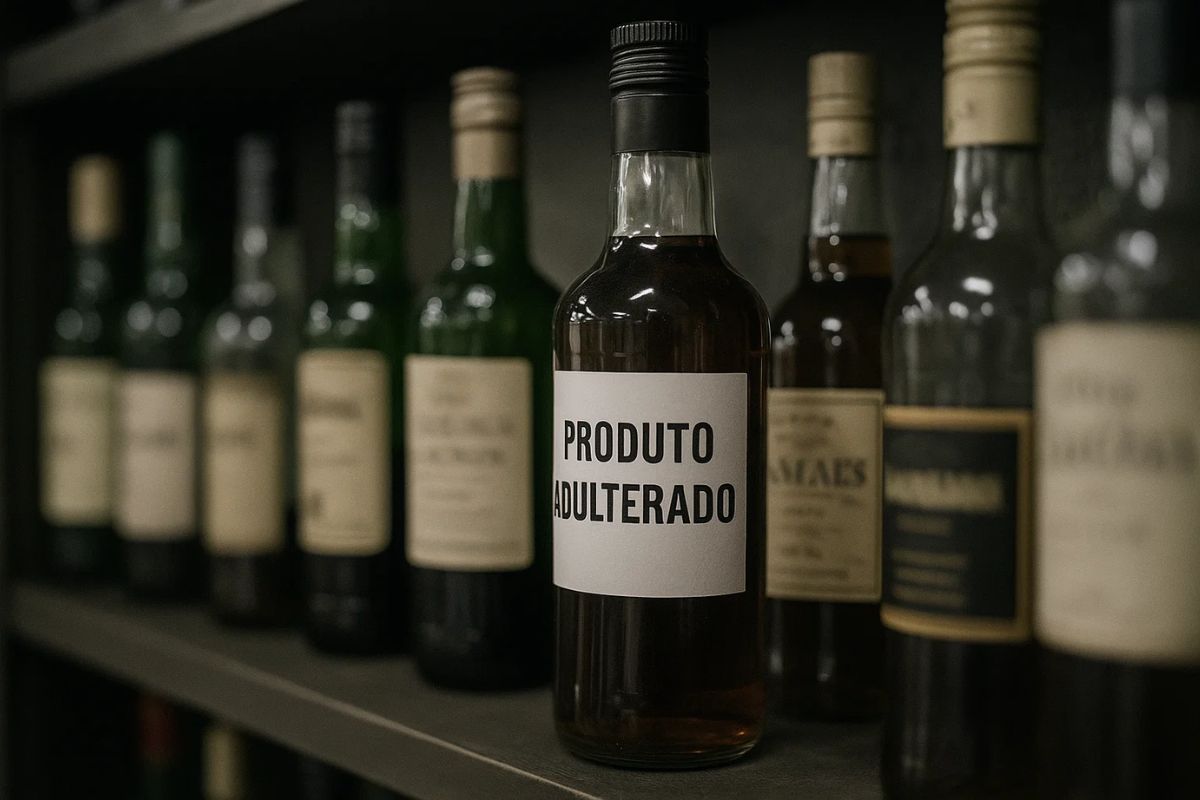 Imagem de uma garrafa com metanol e rótulo de bebida adulterada