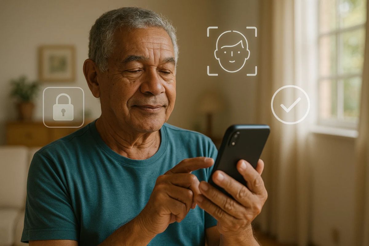 Um senhor com  celular na mão fazendo a Prova de vida INSS 2025