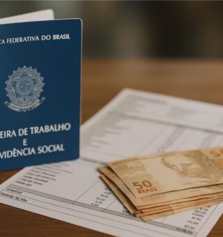 Uma carteira de trabalho ao lado de notas de R$ 50,00