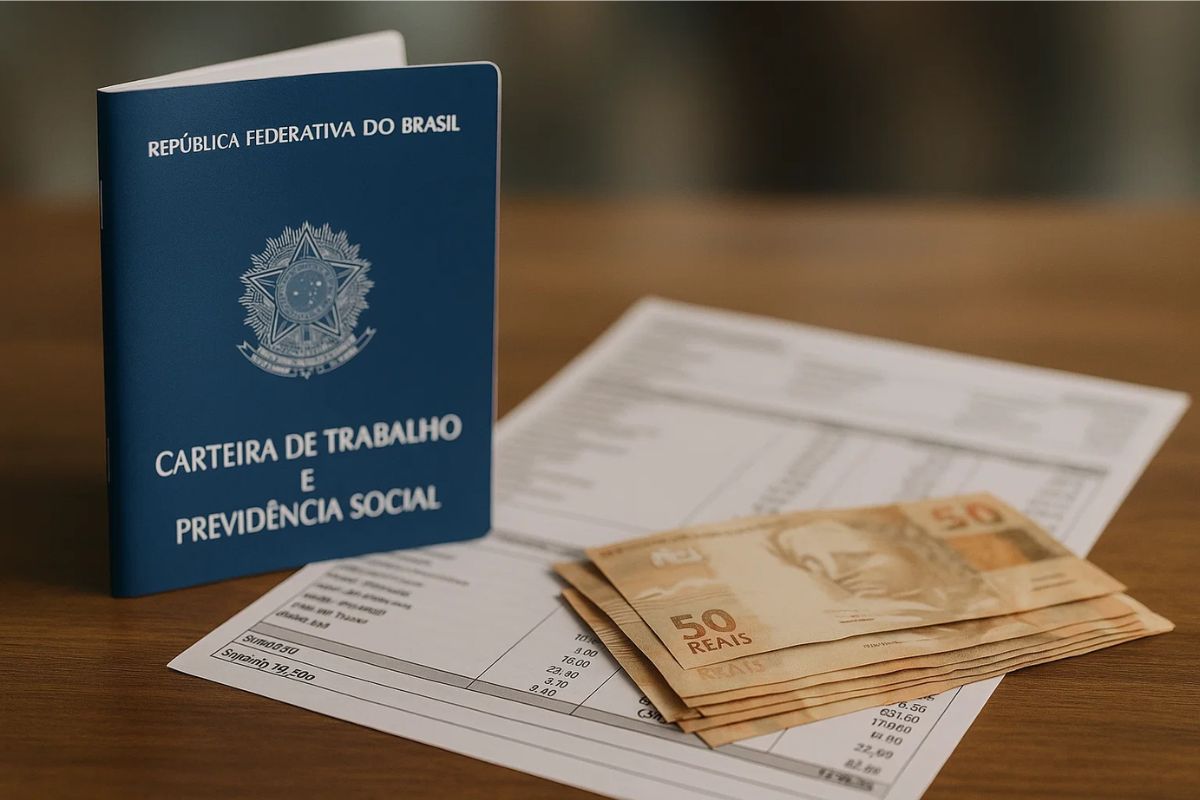 Uma carteira de trabalho ao lado de notas de R$ 50,00