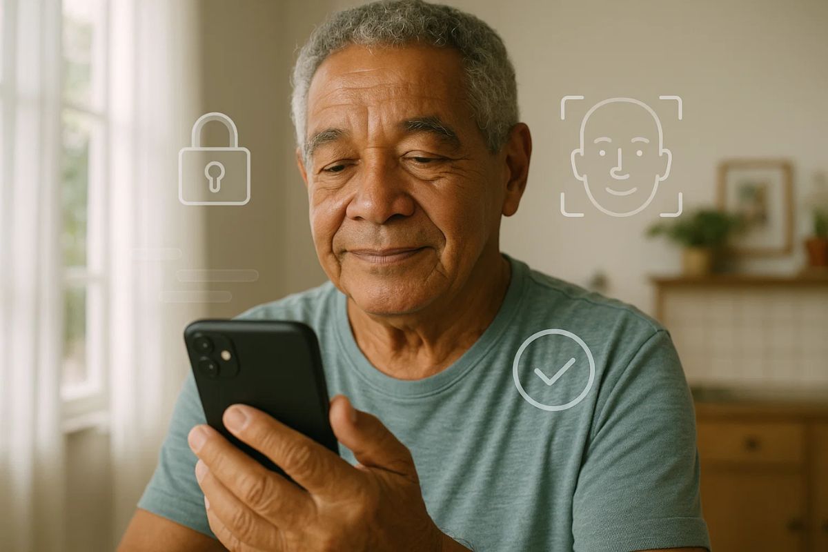 Um senhor com  celular na mão fazendo a Prova de vida INSS 2025