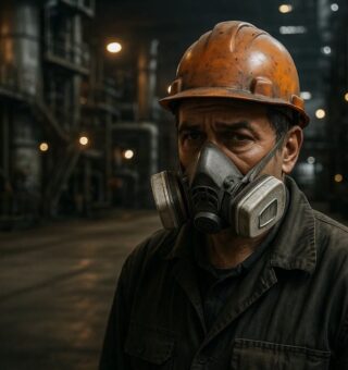 Um senhor na indústria pensando em sua aposentadoria