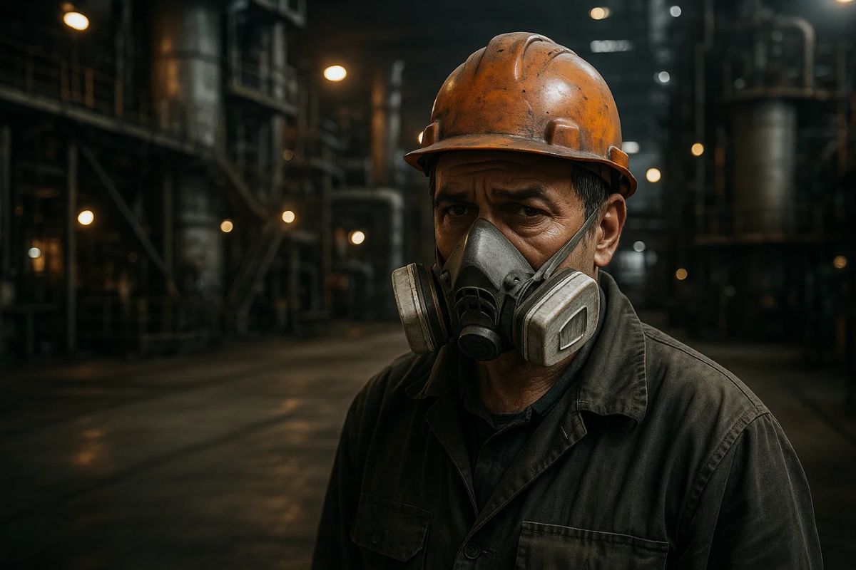 Um senhor na indústria pensando em sua aposentadoria