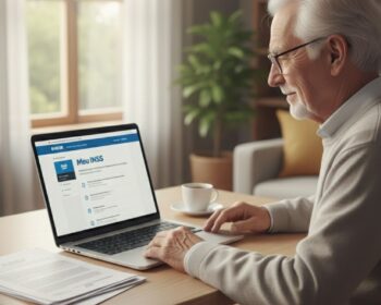 Um rapaz aposentado fazendo a consulta no Meu INSS pelo notebook