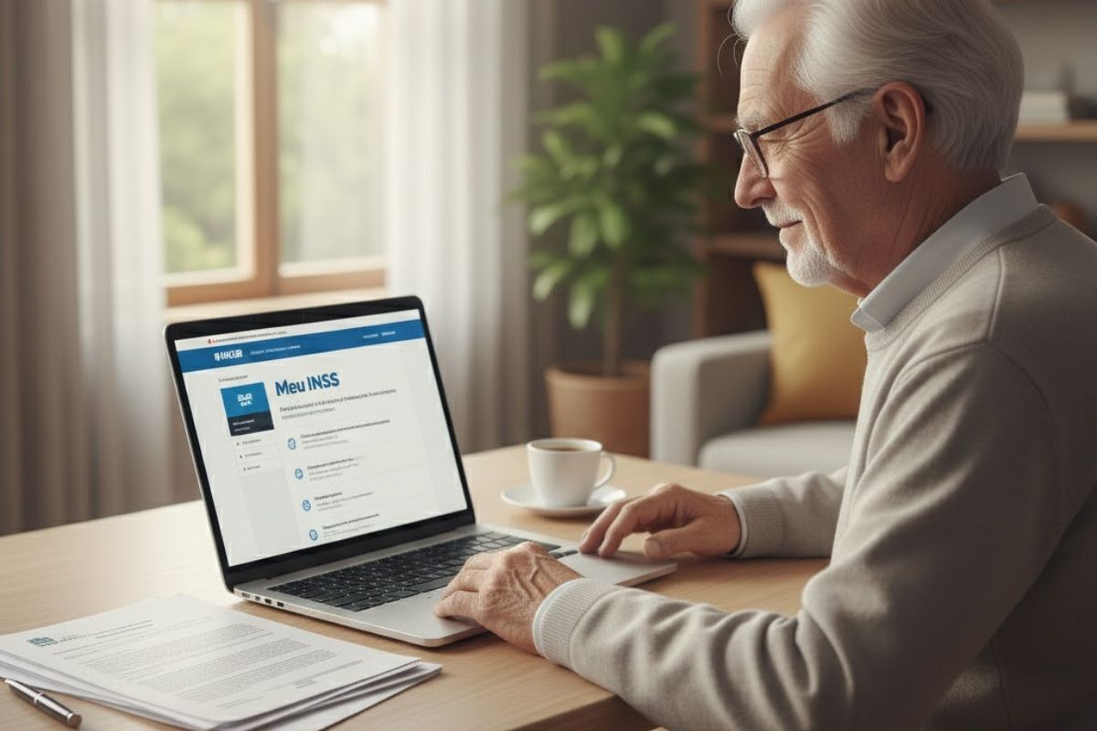 Um rapaz aposentado fazendo a consulta no Meu INSS pelo notebook