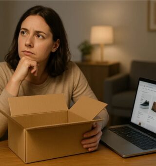 Uma mulher com caixa do produto na mão pensando nos dias de troca após compra na Black Friday