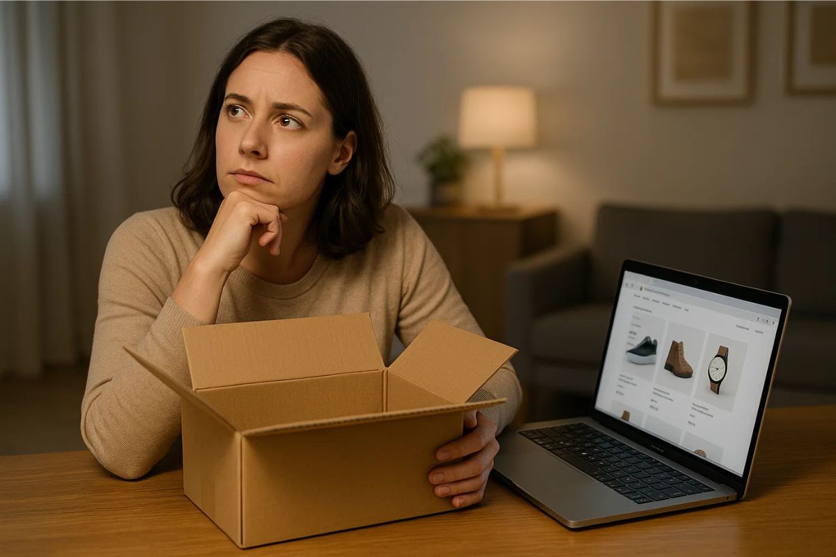Uma mulher com caixa do produto na mão pensando nos dias de troca após compra na Black Friday