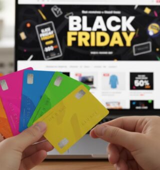 Uma pessoa com cartões de crédito analisando ofertas da Black Friday