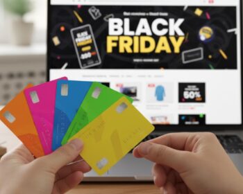 Uma pessoa com cartões de crédito analisando ofertas da Black Friday