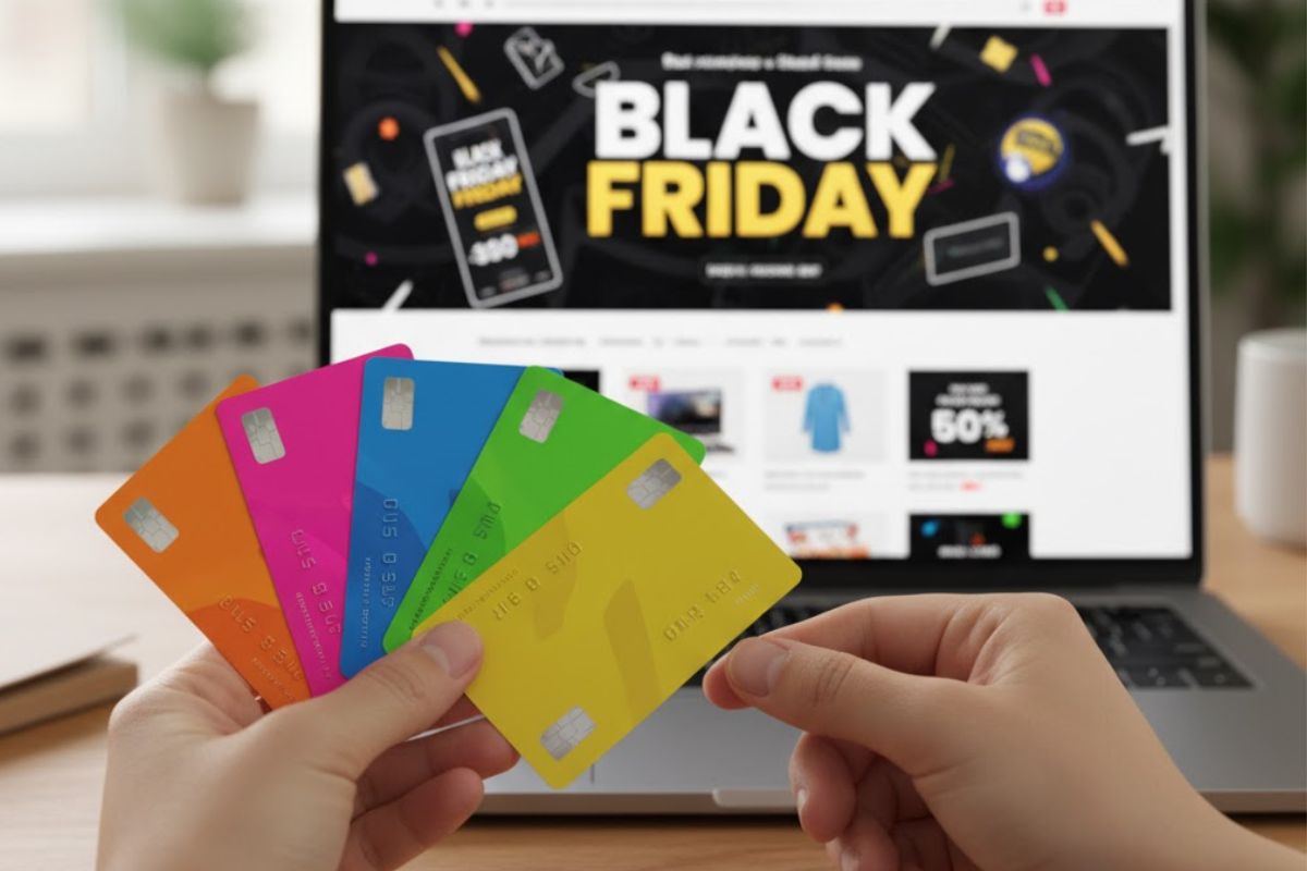 Uma pessoa com cartões de crédito analisando ofertas da Black Friday