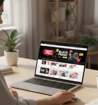 Uma mulher em frente ao seu notebook fazendo uma pesquisa de Black Friday