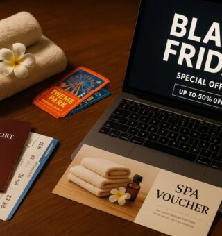Black Friday na tela do notebook, há itens como passaporte, toalha e tickets na mesa de madeira